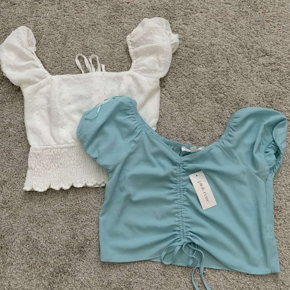 Pink Rose Light Blue Ruched Cropped Top with Puff Sleeves